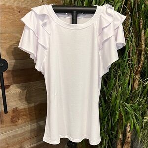 White short sleeve t shirt top with ruffled sleeved. Large
